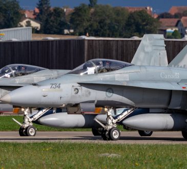 Two Royal Canadian Air Force (RCAF) McDonnell Douglas CF-188A fighter aircraft at Payerne Airport.