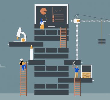 Illustration with people climbing ladders on outside of building to different career pathways