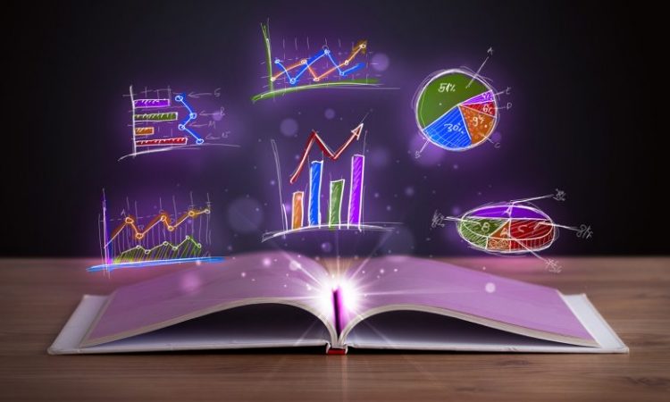 Photo illustration of open book with various charts hovering above it
