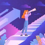 Illustration of girl standing on staircase looking ahead with telescope