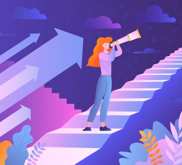 Illustration of girl standing on staircase looking ahead with telescope