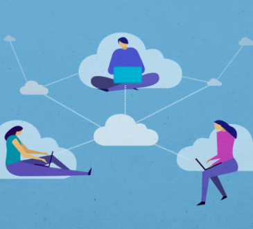 Illustration of three people sitting on connected clouds typing on laptops