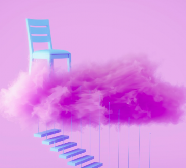 Graphic of chair floating above purple cloud with staircase hanging below