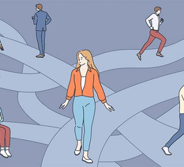 Illustration of woman walking surrounded by people taking different pathways.