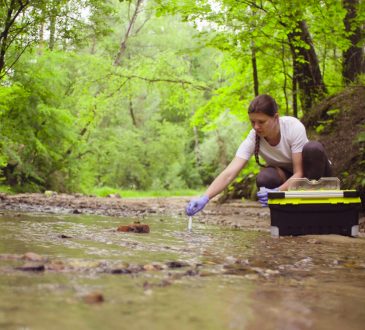 Woman taking sample of water from stream
