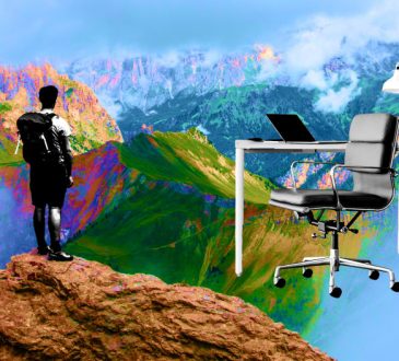 Photo illustration of person standing on mountain looking out at scenery, with desk off to side