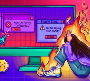 Illustration of person in front of computer screen with flames surrounding them.