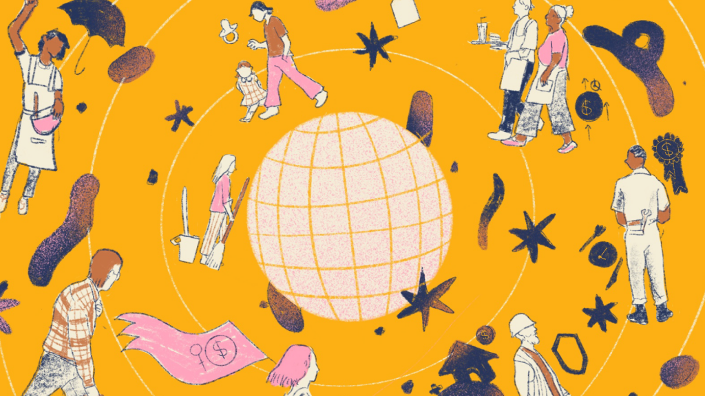Illustration of many different types of workers with disco ball in middle