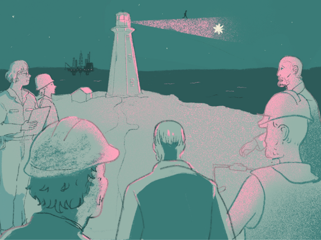 Illustration of people standing around lighthouse