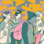Illustration of group of pedestrians walking by wayfinding signs