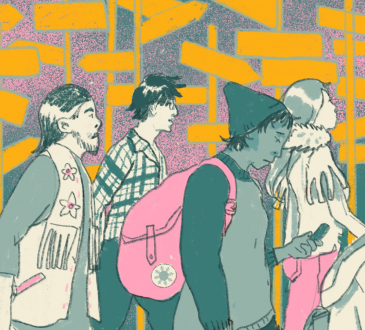 Illustration of group of pedestrians walking by wayfinding signs