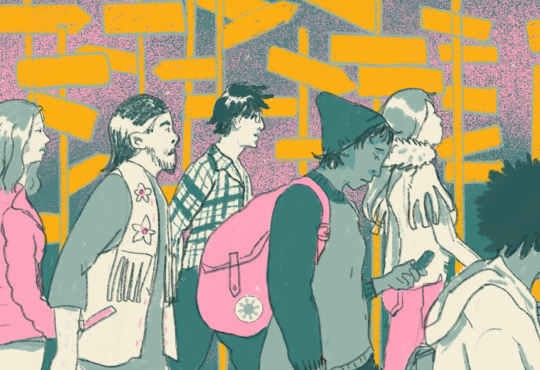 Illustration of group of pedestrians walking by wayfinding signs
