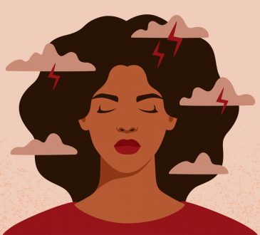 Illustration of Black woman with eyes closed and clouds with lighting floating around head