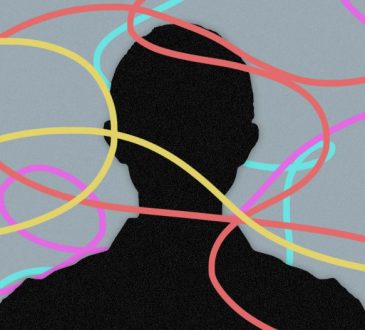 Silhouette of person with colourful lines swirling around them
