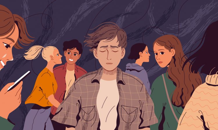 Illustration of lonely, suffering man in a crowd of people who do not notice him.