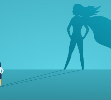 Illustration of businesswoman with superhero shadow