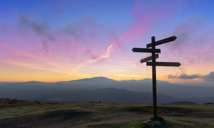 Wooden signpost on mountain at sunset