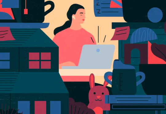 Illustration of woman working at home with piles of stuff around her