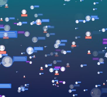 Dozens of icons representing people with social media chat bubbles on blue background