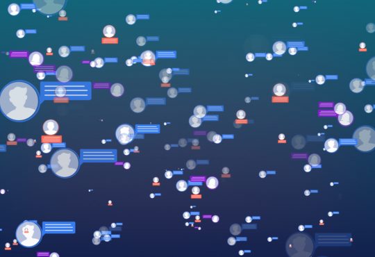 Dozens of icons representing people with social media chat bubbles on blue background