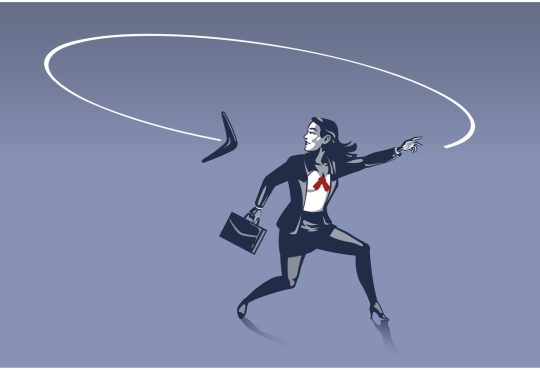 Illustration of businesswoman throwing boomerang