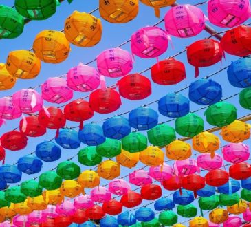 Colourful lanterns hanging against background of sky