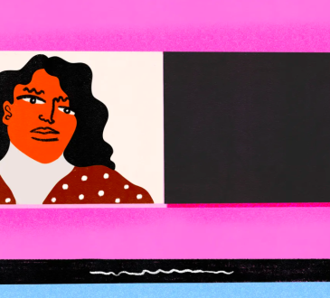 Illustration of woman on video call screen with pink background