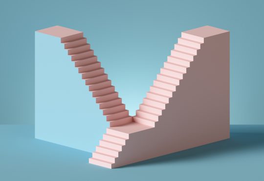 3D rendering of two intersecting staircases on blue background