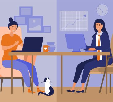 Illustration showing half with one person working in office and other half with person working at home