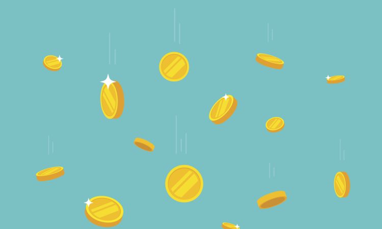 Gold coins falling on teal background