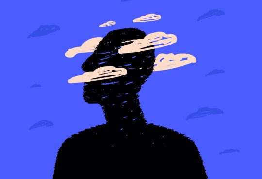 Illustration of silhouetted person with head surrounded by cloud