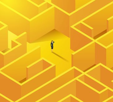 Illustration of woman standing in centre of yellow maze