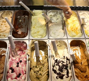 Trays of gelato in ice cream shop