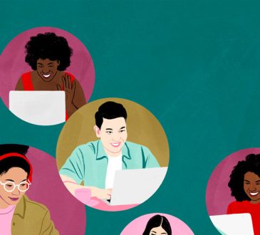 Illustration of people working on laptops