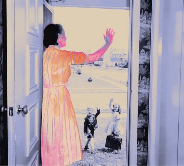 Photo illustration of woman standing at front door waving to children