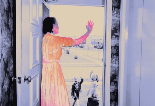 Photo illustration of woman standing at front door waving to children