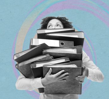 Photo illustration of woman carrying large stack of binders