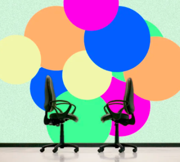 Two office chairs facing one another in front of colourful illustrated background