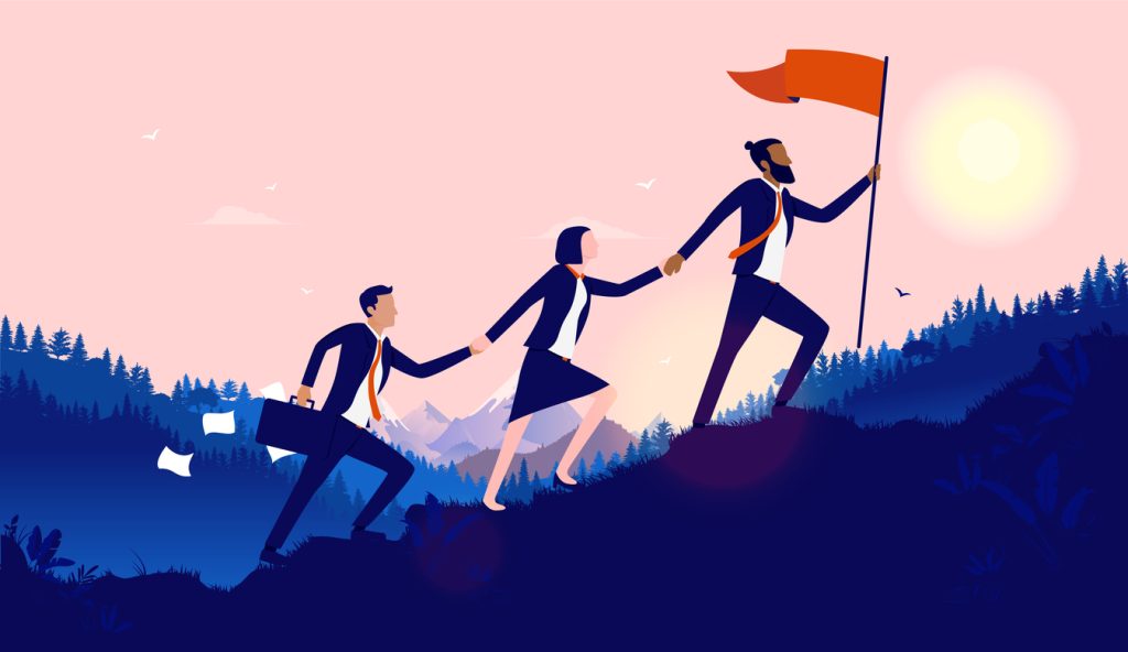 Illustration of team of businesspeople climbing hill together