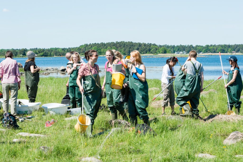 Students wearing hip waders outdoors on field trip to study marine life.