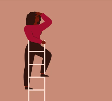 Illustration of woman standing at top of ladder