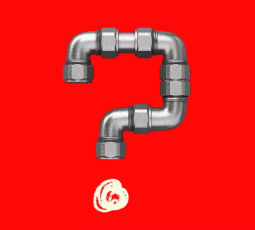 Photo illustration of question mark made out of pipes on red background