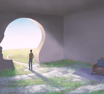 Conceptual illustration of man looking outside through doorway shaped like human head