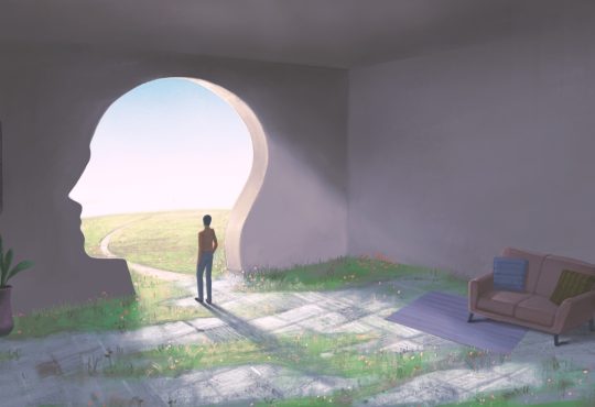 Conceptual illustration of man looking outside through doorway shaped like human head