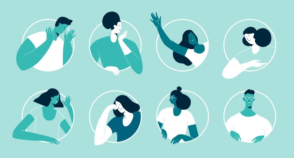 Illustrations of eight people talking
