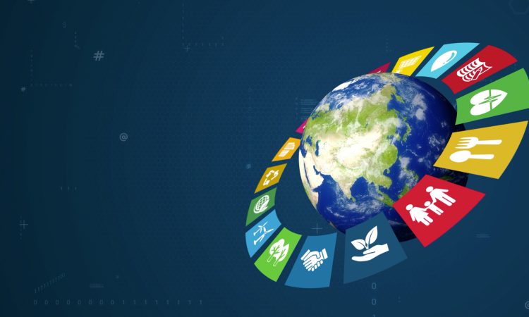SDG icons surrounding globe on dark blue background