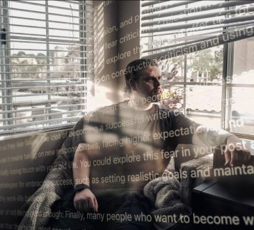 Man sitting and looking at window with Chat GPT text overlaid on top of image