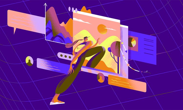 Illustration of person stepping into computer
