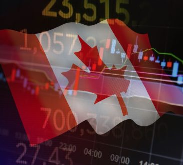 Canadian flag overlaid on image of financial charts