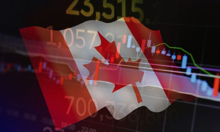 Canadian flag overlaid on image of financial charts